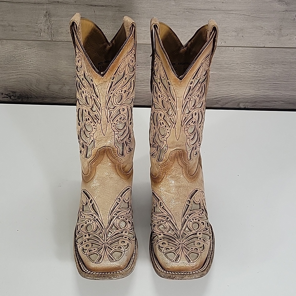 Girls Corral Tan Cut-Out Western Boots Sz 4.5